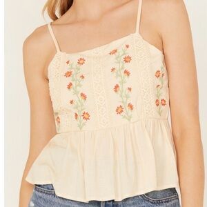 Boho Floral Embroidered Cream Top Womens Large